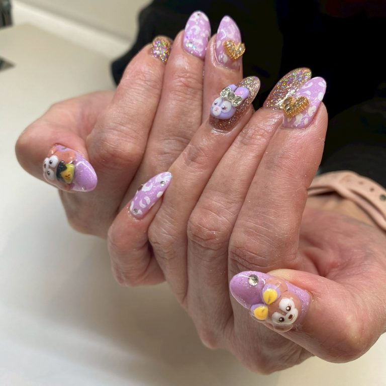 パープルレオパードにうさぎ・ひよこ3Dアートのネイル 小牧市ネイルサロンLily