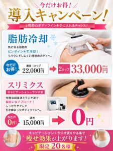 Beauty Salon Lilyの導入キャンペーン。脂肪冷却2カップ33,000円、スリミックス0円の限定20名様