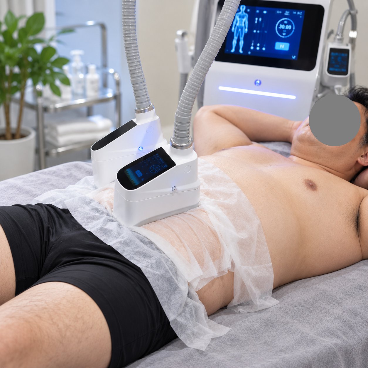 仰向けで横になった男性のお腹に脂肪冷却のヘッドを当てている様子 寝ているだけのメンズ痩身エステ 小牧市 Beauty Salon Lily