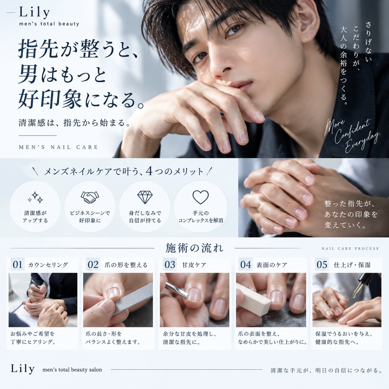 メンズネイルケアの仕上がり 整えた爪と清潔感のある指先 小牧市 Beauty Salon Lily